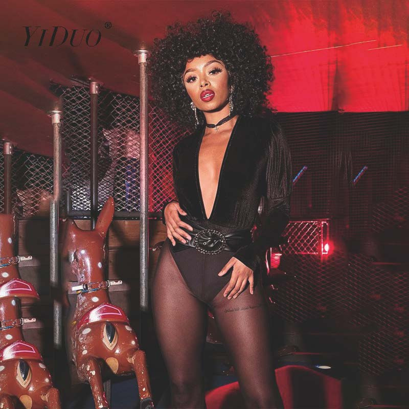 YiDuo 2020, primăvară, cu mâneci lungi, cu mânecă în formă de lanternă, cu decolteu în V adânc, body body, salopete sexy din catifea, salopete pentru femei, îmbrăcăminte de petrecere de club, negru