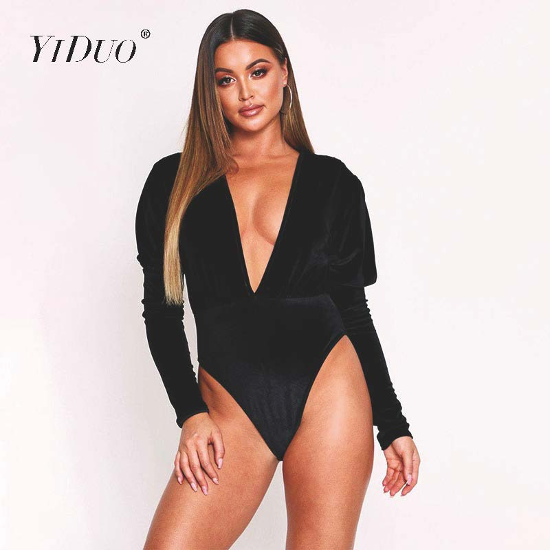 YiDuo 2020, primăvară, cu mâneci lungi, cu mânecă în formă de lanternă, cu decolteu în V adânc, body body, salopete sexy din catifea, salopete pentru femei, îmbrăcăminte de petrecere de club, negru