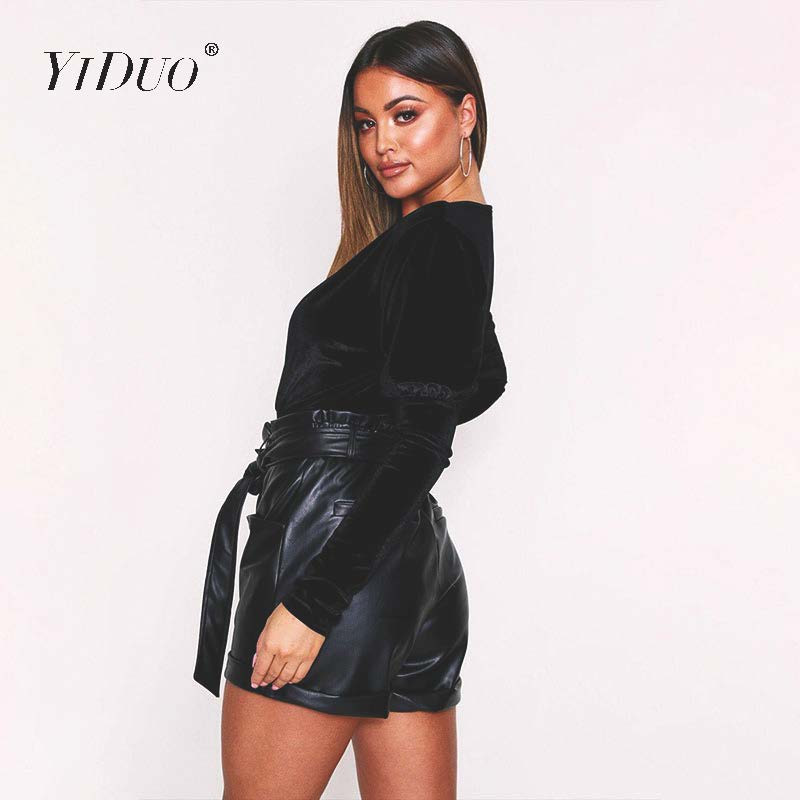 YiDuo 2020, primăvară, cu mâneci lungi, cu mânecă în formă de lanternă, cu decolteu în V adânc, body body, salopete sexy din catifea, salopete pentru femei, îmbrăcăminte de petrecere de club, negru