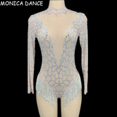 Femei Sexy Scenă argintiu strasuri franjuri fără spate transparent plasă body femei dansatoare DS Wear aniversare sărbători ținută