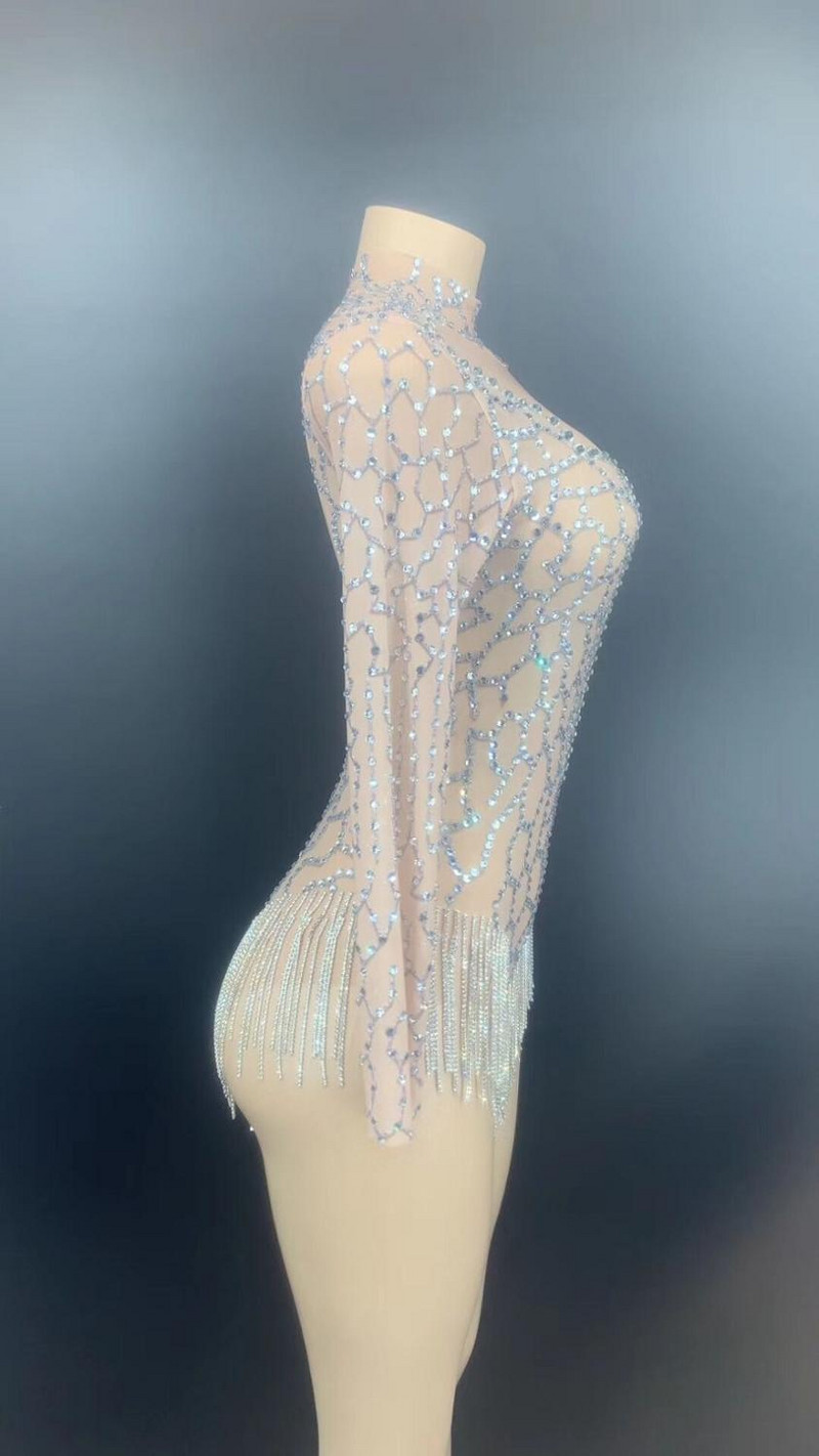 Femei Sexy Scenă argintiu strasuri franjuri fără spate transparent plasă body femei dansatoare DS Wear aniversare sărbători ținută