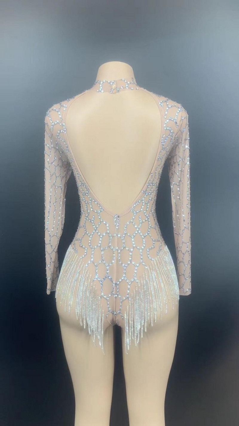 Femei Sexy Scenă argintiu strasuri franjuri fără spate transparent plasă body femei dansatoare DS Wear aniversare sărbători ținută
