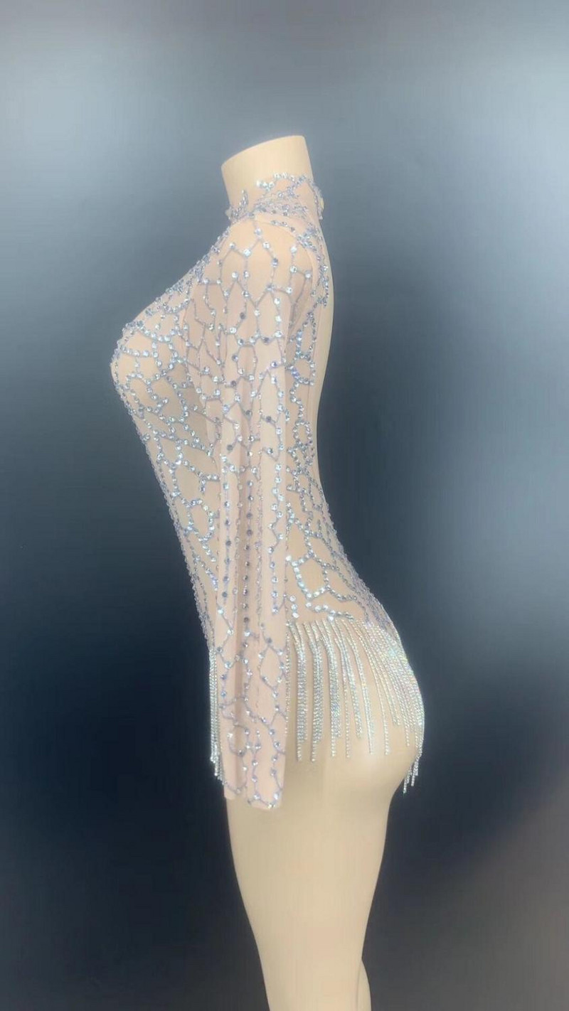 Femei Sexy Scenă argintiu strasuri franjuri fără spate transparent plasă body femei dansatoare DS Wear aniversare sărbători ținută