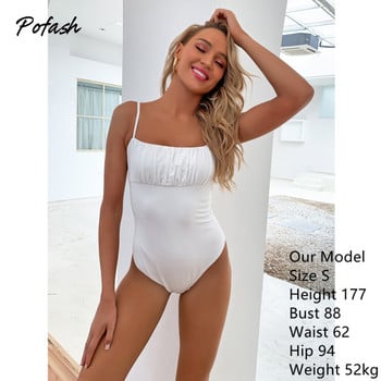 Pofash White Solid Ruched καλοκαιρινές φόρμες Γυναικείες φόρμες σπαγγέτι λουράκι χωρίς πλάτη Casual Rompers Λεπτή αμάνικη φόρμα 2020