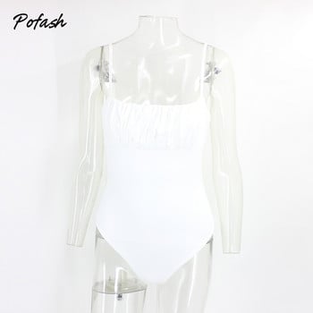 Pofash White Solid Ruched καλοκαιρινές φόρμες Γυναικείες φόρμες σπαγγέτι λουράκι χωρίς πλάτη Casual Rompers Λεπτή αμάνικη φόρμα 2020