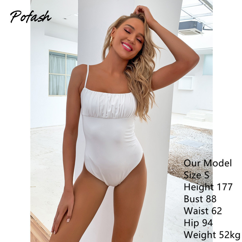 Pofash White Solid Ruched vasaras bodiji Sieviešu spageti siksniņa bez atzveltnes ikdienišķa slaida slaids bezpiedurkņu kombinezons 2020. gada kombinezons