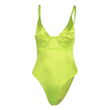 Bangniweigou V деколте Satin Feel Lime Green Bodysuit Summer Bodycon Candy Color Rompers Leotard Leotard без гръб презрамки