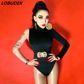 Σέξι κορμάκι ψηλό μανίκι με ψηλό γιακά με μπάρα ζώνης Γυναικεία τραγουδίστρια χορεύτρια Στολή DJ Jazz Performance Dance