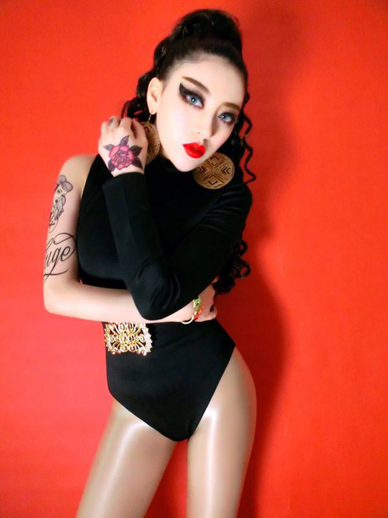 Σέξι κορμάκι ψηλό μανίκι με ψηλό γιακά με μπάρα ζώνης Γυναικεία τραγουδίστρια χορεύτρια Στολή DJ Jazz Performance Dance