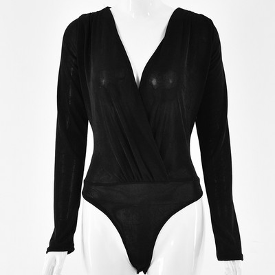 Femme Velvet Seksikas sügav V-kaelusega Criss Cross pikkade varrukatega rühitud Body Slim Black Bodycon Jumpsuit Naiste hallid kehatopsid Kevad