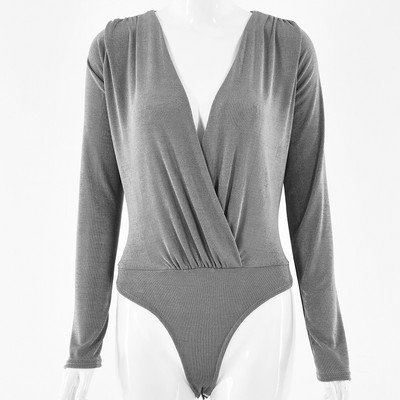 Femme Velvet Seksikas sügav V-kaelusega Criss Cross pikkade varrukatega rühitud Body Slim Black Bodycon Jumpsuit Naiste hallid kehatopsid Kevad