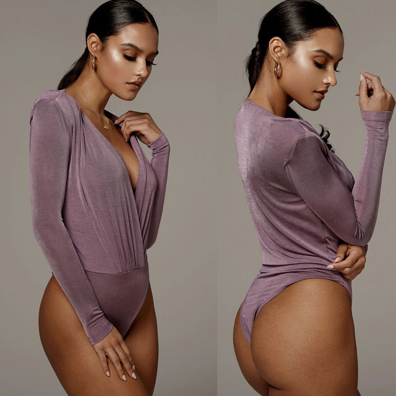 Femme Velvet Seksikas sügav V-kaelusega Criss Cross pikkade varrukatega rühitud Body Slim Black Bodycon Jumpsuit Naiste hallid kehatopsid Kevad