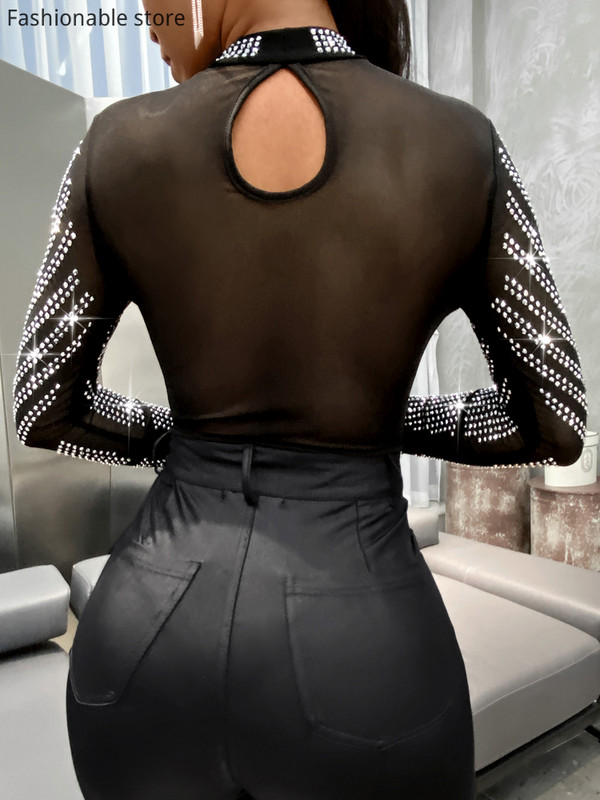 Naiste seksikas võrguga läbipaistev Bling Rhinestone Bodysuits Glitter pikkade varrukatega mängukostüüm