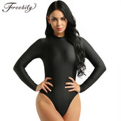freebily Body de culoare uni sexy cu gât roscat Skinny Body Femei 2019 Nou Toamnă Iarnă Menține cald Body cu mânecă lungă Body transparent