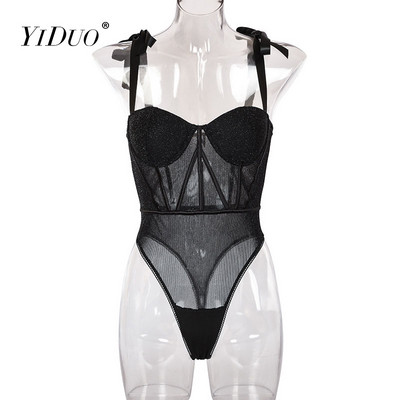 Body negru strălucitor YiDuo, pentru femei, cu bretele cu papion, body cu corp sexy, salopetă de fitness, ținute de club, 2020, body noi din dantelă
