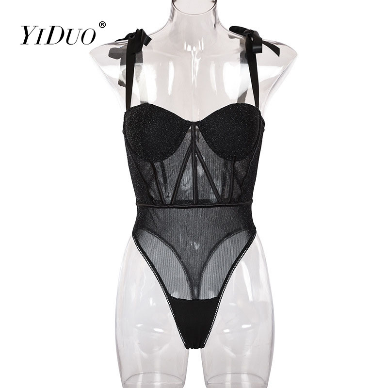 Body negru strălucitor YiDuo, pentru femei, cu bretele cu papion, body cu corp sexy, salopetă de fitness, ținute de club, 2020, body noi din dantelă
