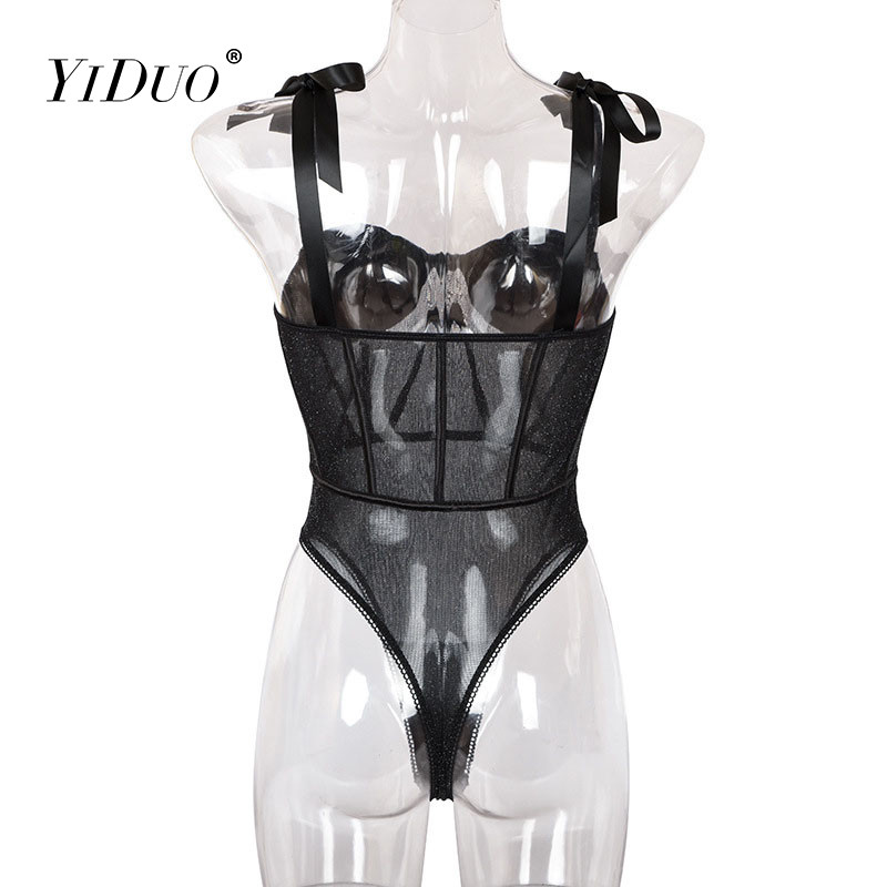 Body negru strălucitor YiDuo, pentru femei, cu bretele cu papion, body cu corp sexy, salopetă de fitness, ținute de club, 2020, body noi din dantelă