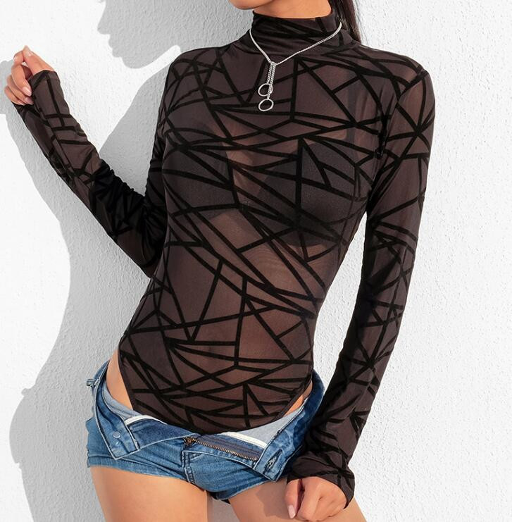 Γυναικείο σέξι μαύρο χρώμα Γεωμετρικό εμπριμέ κορμάκι Γυναικείο Club Party Performance Casual Tops Tees R733