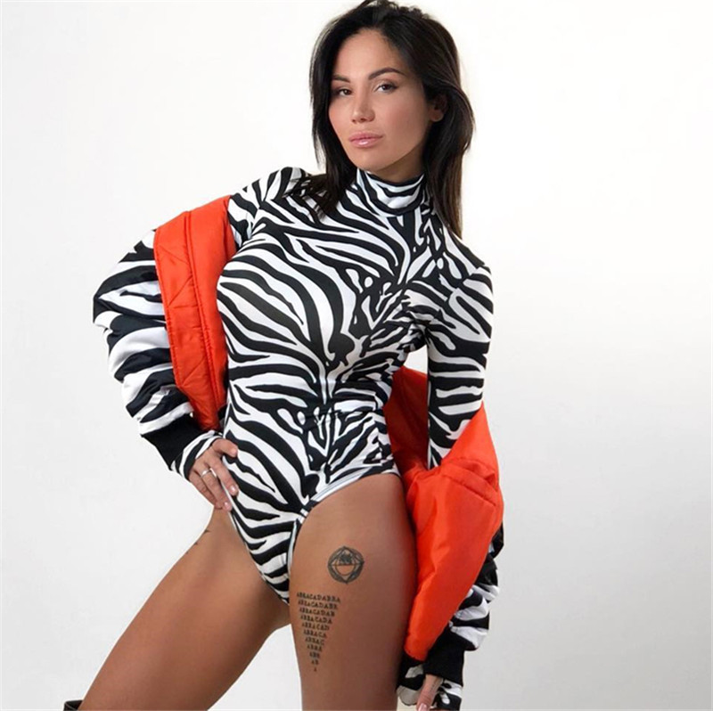Body cu mâneci lungi cu gât înalt, model zebră, sexy, 2019, primăvară, toamnă, modă pentru femei, bodycon elastic, pentru petrecerea de Crăciun