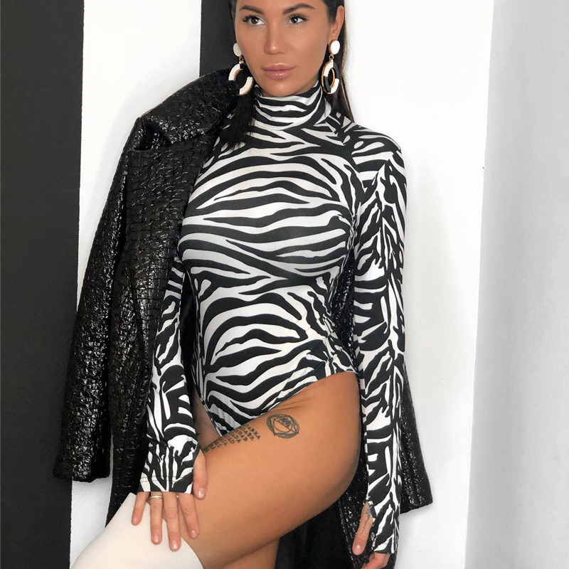 Body cu mâneci lungi cu gât înalt, model zebră, sexy, 2019, primăvară, toamnă, modă pentru femei, bodycon elastic, pentru petrecerea de Crăciun
