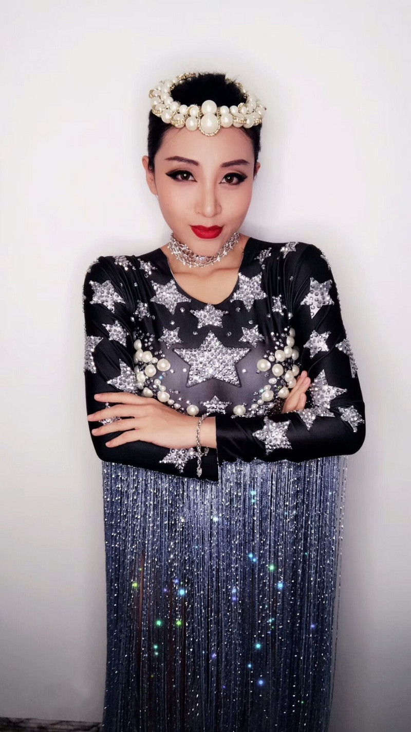 Christia Bella Fashion Rhinestone μακριές φούντες Γυναικείες ολόσωμες φόρμες Σέξι Πέρλες Κορμάκια Νυχτερινά κέντρα διασκέδασης Κοστούμι χορού τραγουδιστή