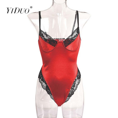YiDuo Dantela Patchwork Satin Body Sexy Backless Salopetă Skinny Femei Topuri Body One Piece Fashion Club Party Body Verde