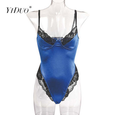 YiDuo Dantela Patchwork Satin Body Sexy Backless Salopetă Skinny Femei Topuri Body One Piece Fashion Club Party Body Verde