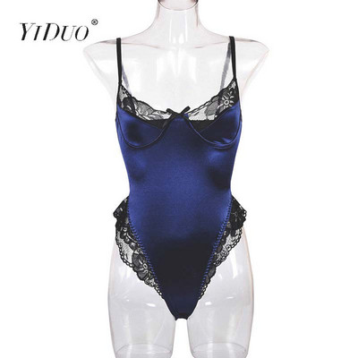 YiDuo Dantela Patchwork Satin Body Sexy Backless Salopetă Skinny Femei Topuri Body One Piece Fashion Club Party Body Verde