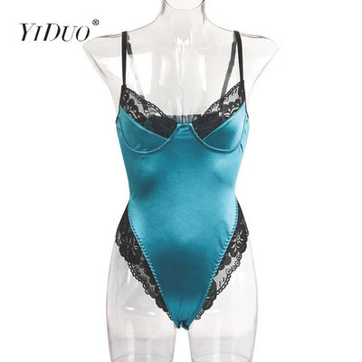 YiDuo Dantela Patchwork Satin Body Sexy Backless Salopetă Skinny Femei Topuri Body One Piece Fashion Club Party Body Verde