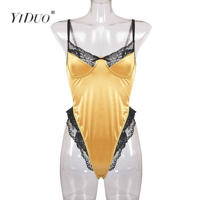 YiDuo Dantela Patchwork Satin Body Sexy Backless Salopetă Skinny Femei Topuri Body One Piece Fashion Club Party Body Verde