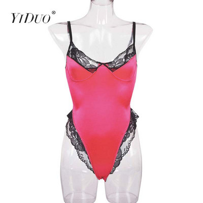 YiDuo Dantela Patchwork Satin Body Sexy Backless Salopetă Skinny Femei Topuri Body One Piece Fashion Club Party Body Verde