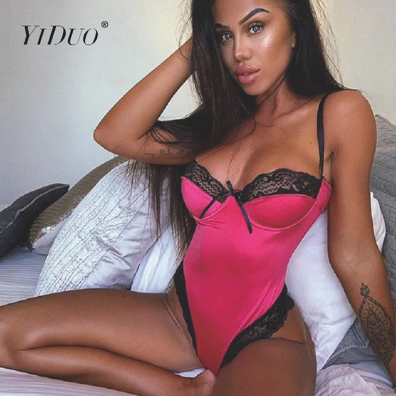 YiDuo Dantela Patchwork Satin Body Sexy Backless Salopetă Skinny Femei Topuri Body One Piece Fashion Club Party Body Verde