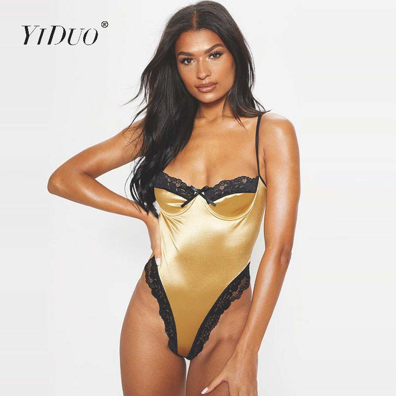 YiDuo Dantela Patchwork Satin Body Sexy Backless Salopetă Skinny Femei Topuri Body One Piece Fashion Club Party Body Verde