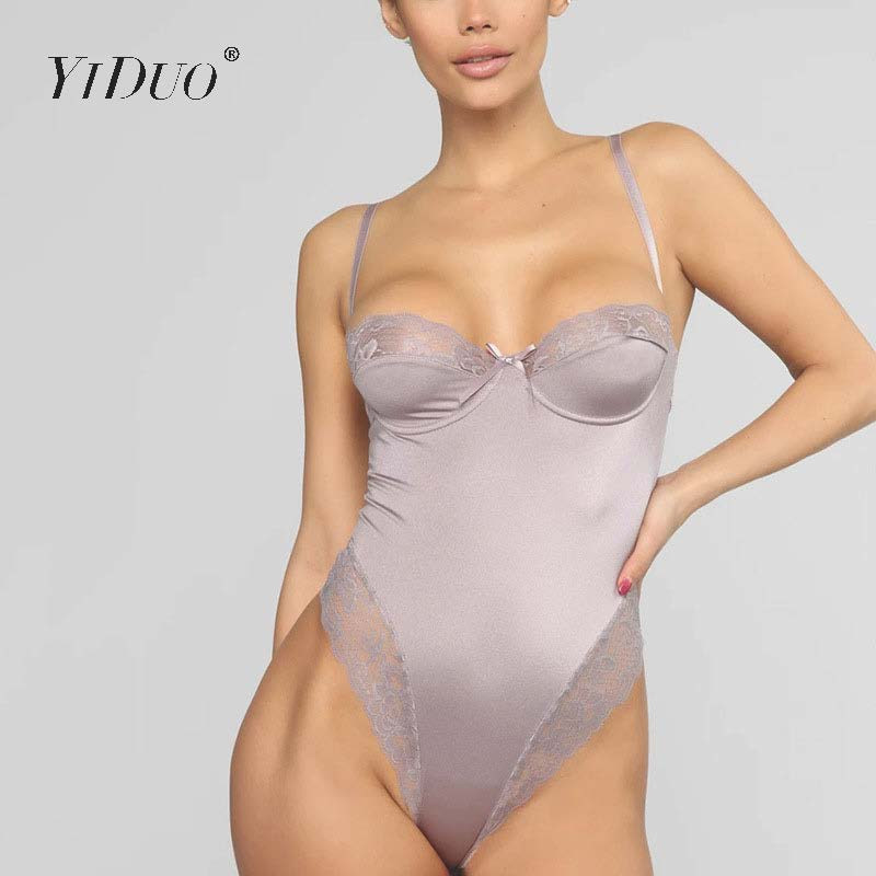 YiDuo Dantela Patchwork Satin Body Sexy Backless Salopetă Skinny Femei Topuri Body One Piece Fashion Club Party Body Verde