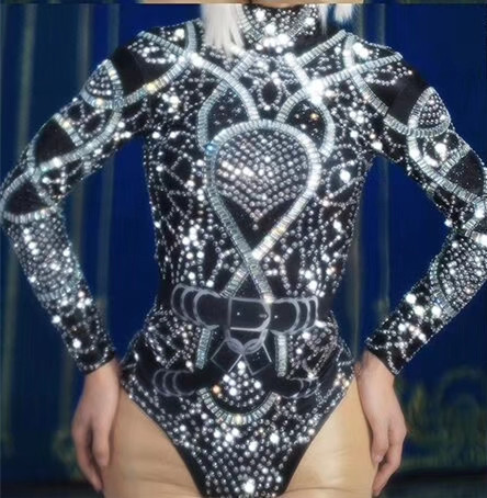 Ασημί Μαύρα στρας Μακρυμάνικο Φορμάκι Μπαρ DJ Singer Jazz Dance Team DS Κοστούμια Νυχτερινό κέντρο Γυναικών Κρύσταλλοι Ελαστικό Leotard