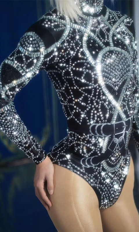 Ασημί Μαύρα στρας Μακρυμάνικο Φορμάκι Μπαρ DJ Singer Jazz Dance Team DS Κοστούμια Νυχτερινό κέντρο Γυναικών Κρύσταλλοι Ελαστικό Leotard