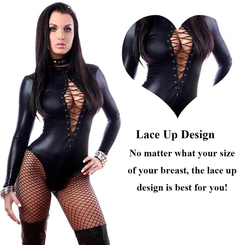 S-5XL Plus Size Body din piele pentru femei, cu mâneci lungi, cu șireturi, salopete de club, salopete din PU, teddy, latex, catsuit pentru femei