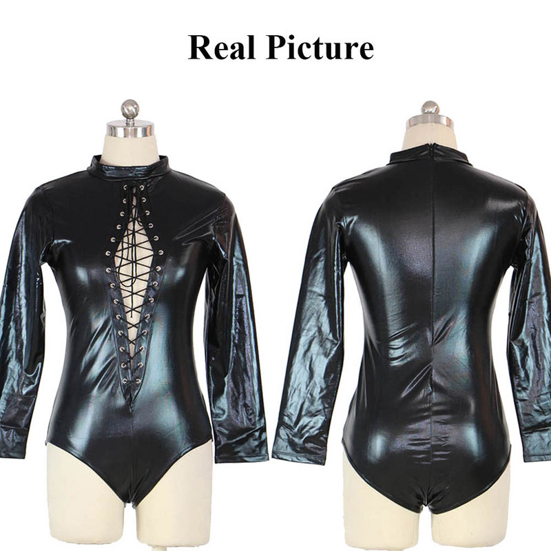 S-5XL Plus Size Body din piele pentru femei, cu mâneci lungi, cu șireturi, salopete de club, salopete din PU, teddy, latex, catsuit pentru femei