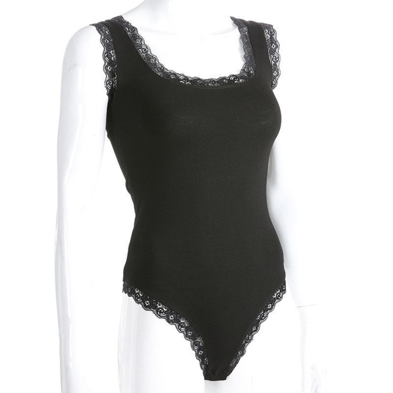 Body tank cu patchwork din dantelă neagră pentru femei, sexy, fără mâneci, pentru femei, bodycon, fără spate, cu bandaj încrucișat