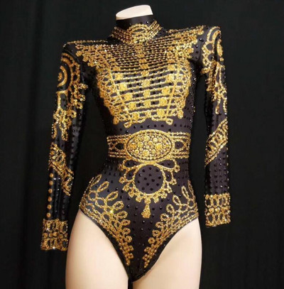 Naiste seksikas mustkuldne rhinestones, pikkade varrukatega, kõrge veniva trikoo laulja tantsukostüüm, naiste sünnipäeva body