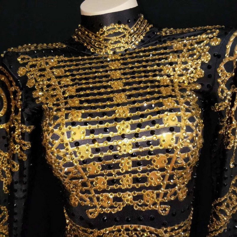 Naiste seksikas mustkuldne rhinestones, pikkade varrukatega, kõrge veniva trikoo laulja tantsukostüüm, naiste sünnipäeva body