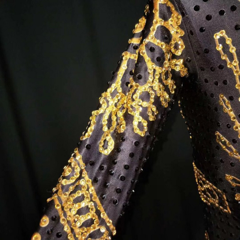 Naiste seksikas mustkuldne rhinestones, pikkade varrukatega, kõrge veniva trikoo laulja tantsukostüüm, naiste sünnipäeva body