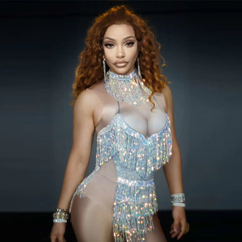 Sädelev Sequin Tutt seksikas Bodysuit Naised Laulja Seksikas Trikood peoööklubi Kostüüm Tantsulava sünnipäevakomplektid peo spandex