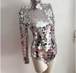 Body cu paiete argintii de modă, ținută de lux cu oglindă mare, petrecere de naștere pentru femei, sărbători club de noapte, cântăreț pentru femei, spectacol de haine