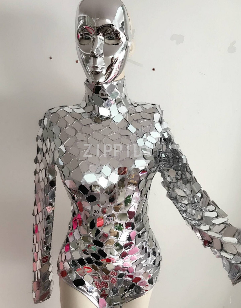 Body cu paiete argintii de modă, ținută de lux cu oglindă mare, petrecere de naștere pentru femei, sărbători club de noapte, cântăreț pentru femei, spectacol de haine
