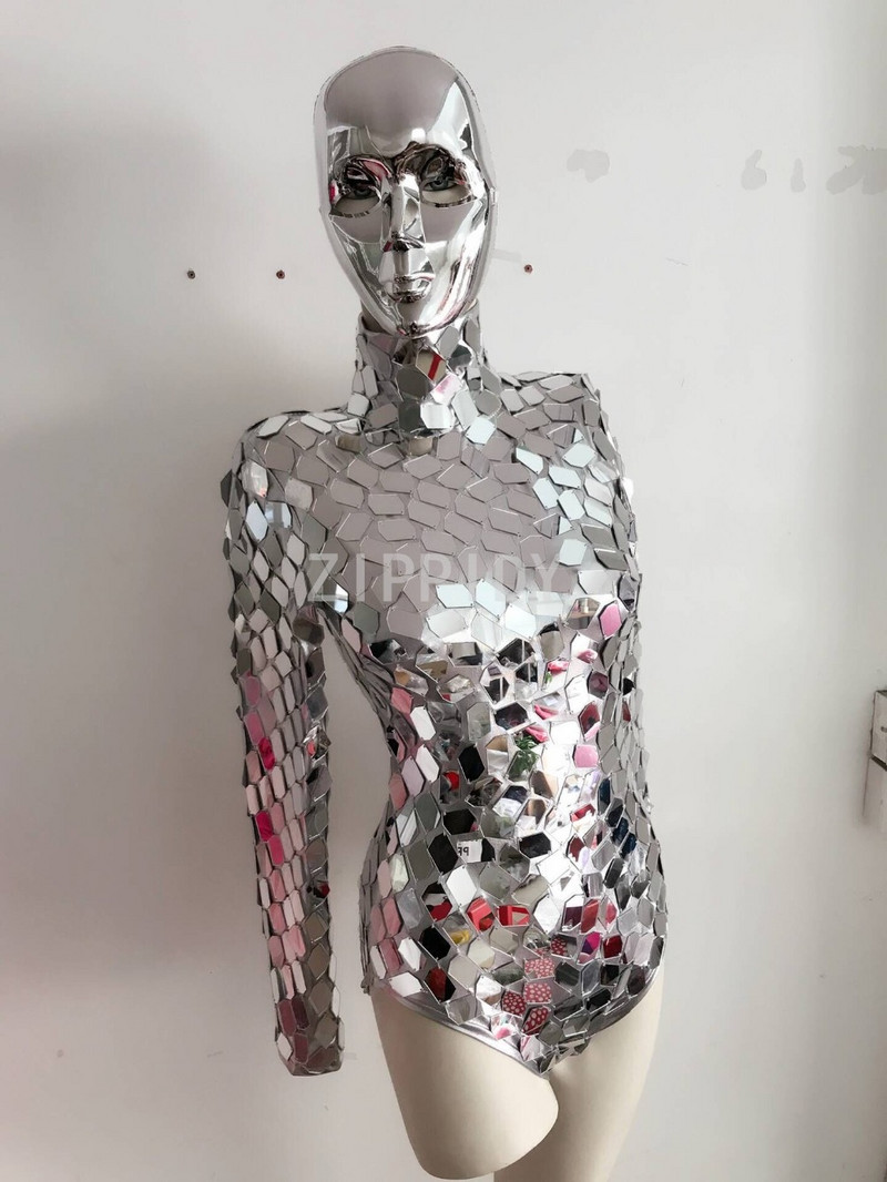 Body cu paiete argintii de modă, ținută de lux cu oglindă mare, petrecere de naștere pentru femei, sărbători club de noapte, cântăreț pentru femei, spectacol de haine