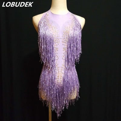 Shining Rhinestones Purple Red Pušķi Bodysuit Sieviešu kostīms Sexy Backless Stretch Bodysuits Bar DJ Dziedātāja priekšnesuma tērps