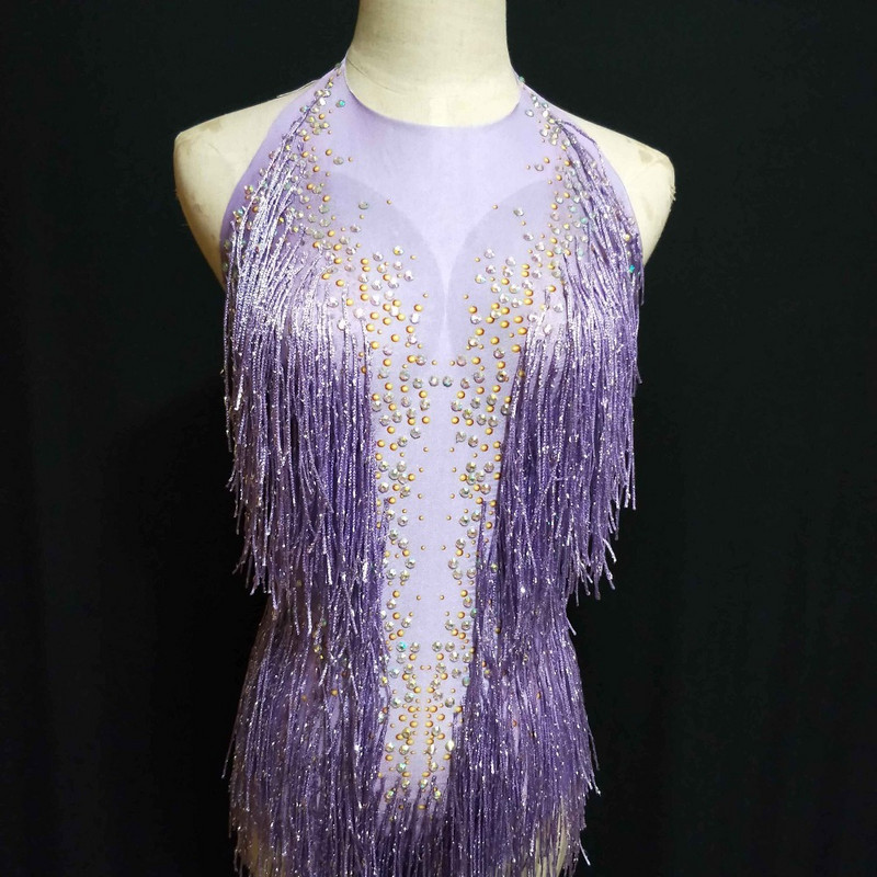 Body cu strasuri strălucitoare violet roșu cu ciucuri Costum de femeie Sexy body elastic elastic fără spate Bar DJ cântăreț ținută de performanță