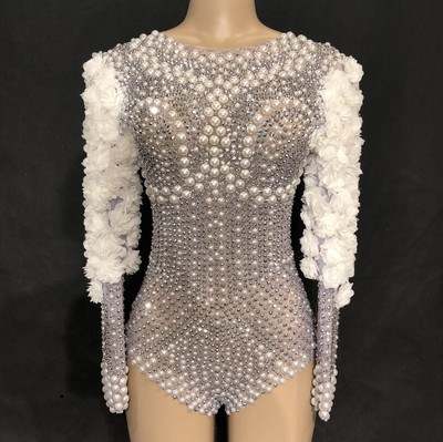 Stage Sparkly Rhinestones Pearls Bodysuit White Flowers Naiste sünnipäeva Tähista lava laulja DS Show ööklubi trikoo
