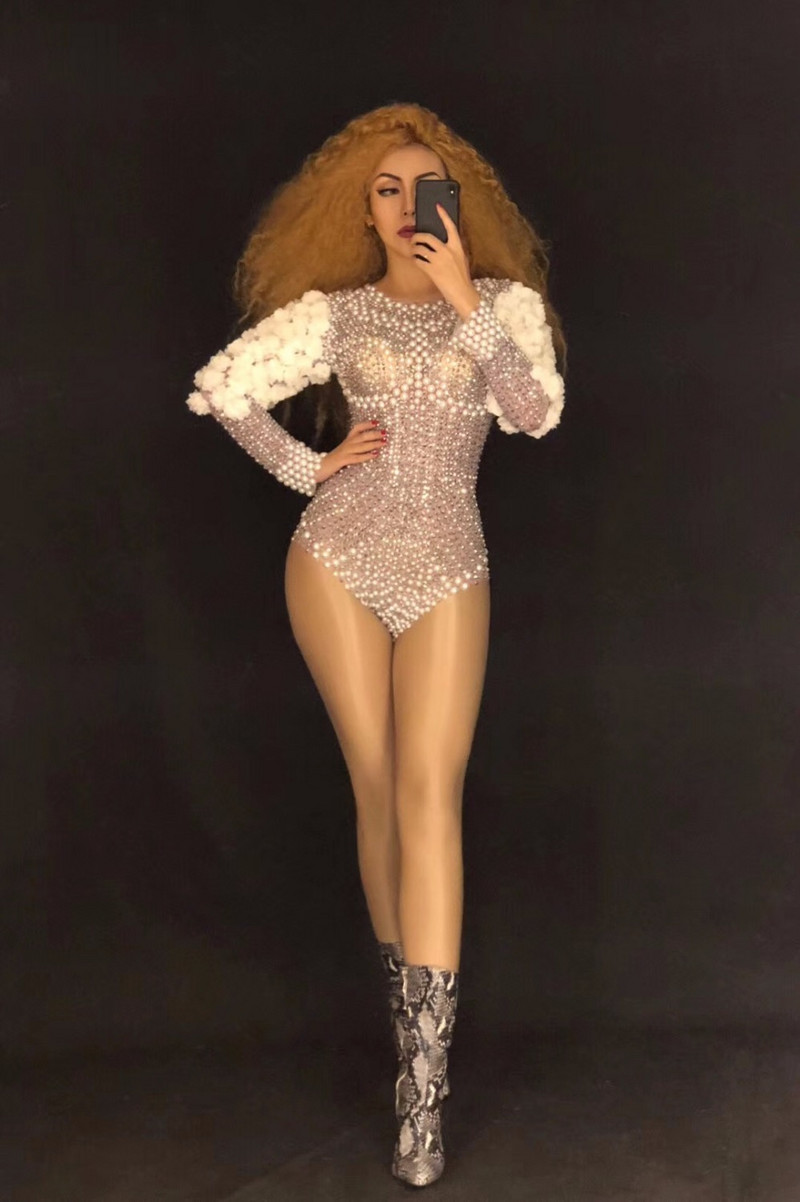 Stage Sparkly Rhinestones Pearls Bodysuit White Flowers Naiste sünnipäeva Tähista lava laulja DS Show ööklubi trikoo